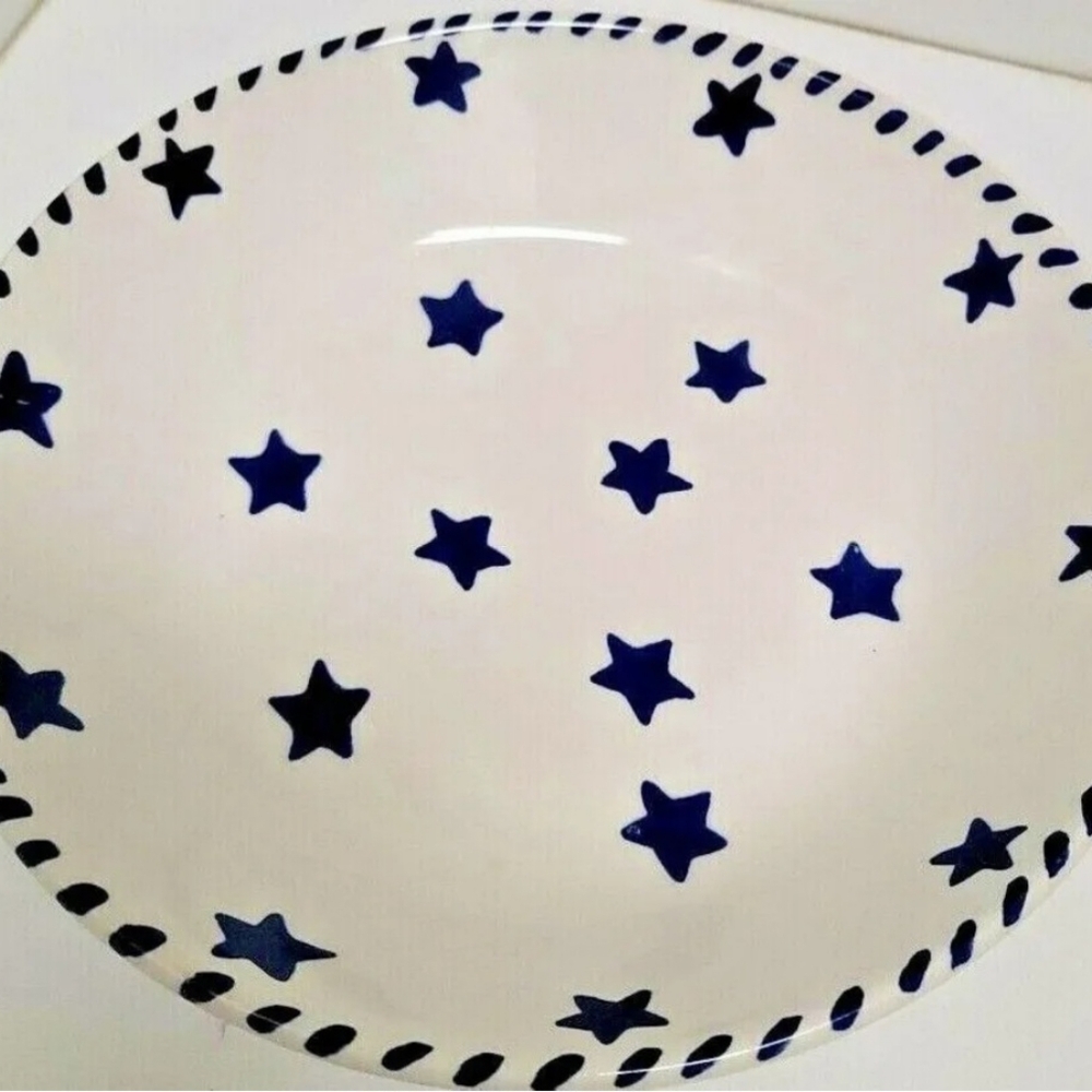 La Primula Pasta Ceramic Bowl Italy 8.25" White w/ Blue Stars Pre-owned